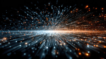 An artistic representation features radiating energy bursts with light trails. The composition showcases dynamic movement across a dark backdrop. The visual characteristics include streaks of orange and blue light with a focus on a central bright source. Suitable for illustrating technological concepts or creative design applications.の素材