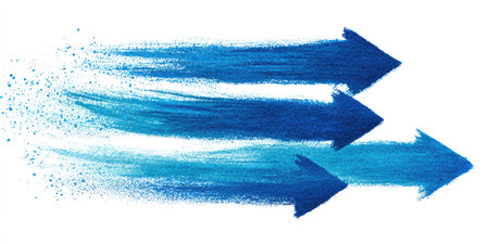This abstract illustration features three blue arrows with a textured paint effect, indicating movement. The composition presents a forward-direction theme against a clean, white backdrop, emphasizing a modern design. Suitable for use in various design projects, web graphics, and editorial content relating to progress.の素材