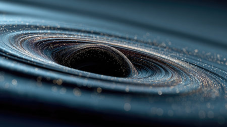 An artistic depiction presents a black hole, illustrated with dynamic swirling patterns and cosmic elements. The image features a dark, central void surrounded by textured, luminous lines suggesting movement and energy. The composition uses a dark color palette. Suitable for conceptual illustrations or scientific visualizations.の素材