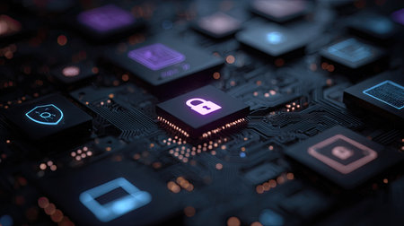 This image showcases a detailed view of a computer circuit board, featuring illuminated symbols including a padlock. The composition uses dark colors with neon accents, providing a modern and tech-focused feel. It suggests concepts of digital security, data protection, and potential applications in technology and design.の素材