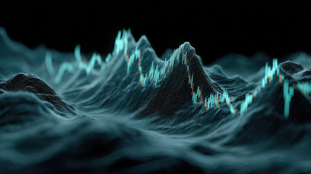 This image presents an abstract visualization of data, resembling a mountainous terrain illuminated by cyan lines. The composition features a dark background, highlighting the glowing forms. This design could be suitable for illustrating concepts of technology, business, or data analysis, suitable for various commercial or editorial applications.の素材