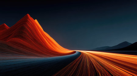 An artistic rendering features a vibrant orange road curving through a mountainous landscape under a dark blue sky. The composition showcases dynamic lines and flowing textures. This image could be suitable for digital art, design projects, or thematic illustrations. Its elements could enhance various commercial applications.の素材