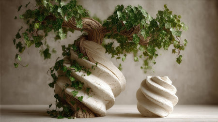 Two abstract sculptures, one larger with climbing green foliage, and a smaller one. The composition features soft lighting and neutral tones, creating a serene atmosphere. The textures appear smooth and organic. Suitable for various design projects, artistic presentations, and potentially editorial content, the image offers visual interest.の素材