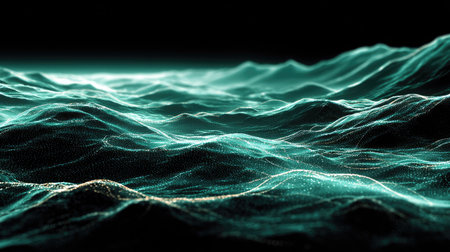 An abstract depiction showcases fluid, undulating waves rendered in shades of teal against a dark backdrop. The composition features a dynamic interplay of light and shadow, with a focus on textures. This design could be suitable for digital art, scientific visualizations, or graphic design projects, and potentially for use in presentations or editorial content.の素材
