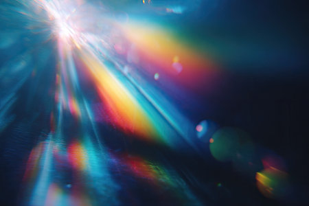 This image presents an abstract composition with vibrant light effects. It features colorful rays and lens flares against a dark backdrop. The visual style suggests a modern approach. Suitable for a range of creative and commercial applications such as design elements, backgrounds, or thematic illustrations.の素材