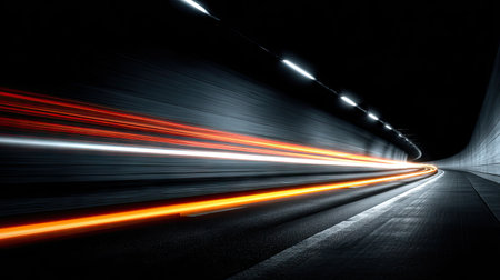 An abstract image depicts a tunnel with vibrant light trails. The scene features streaks of orange and white against a dark background, suggesting movement and speed. The composition utilizes a low angle perspective and blurred effect, possibly suitable for advertising or design projects.の素材