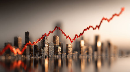 A close-up image presents a conceptual depiction of a rising red line graph superimposed over a blurry city skyline. The composition features a shallow depth of field, with soft lighting and a muted color palette. This visual could be used in various commercial or editorial contexts related to financial analysis and growth.の素材