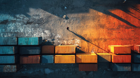 An overhead perspective reveals a harbor scene with stacked cargo containers. Varied hues of orange, blue, and brown create visual interest, contrasted against a wet surface. The composition features strong shadows and a solitary figure, suggesting industrial activity and an outdoor setting. Suitable for commercial projects.の素材