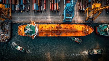 An overhead shot presents a large cargo ship docked at a port, surrounded by smaller boats. The scene shows shipping containers, cranes, and the ship's orange hull. The composition features a blue ocean, various shades of brown and green, possibly captured during daylight. Suitable for commercial or illustrative purposes, conveying themes of international trade.の素材