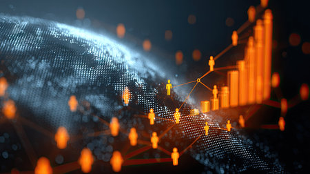 This image depicts an abstract digital network with interconnected figures and a rising bar graph. It features a predominantly dark background with bright orange accents. The style suggests modern technology and could be used to represent concepts like data, finance, or business development. It is suitable for commercial and editorial purposes.の素材