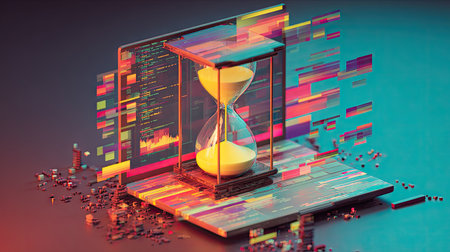 An artistic rendering presents a digital hourglass juxtaposed with a code display. The image utilizes vibrant colors, suggesting a modern or futuristic environment. The composition includes visual elements that represent data and time, possibly symbolizing the relationship between technology and duration. Suitable for use in conceptual designs and visual communications.の素材