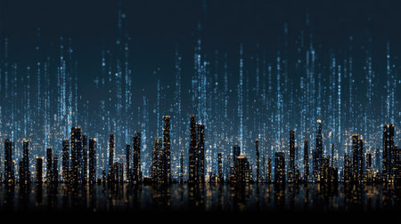 An abstract cityscape is presented with dark silhouettes of buildings illuminated by numerous glowing dots. Vertical lines of light emanate from above, suggesting a digital or technological environment. The composition features a dark, reflective surface, implying a nighttime setting. This image is potentially suitable for use in technology-related concepts and design projects.の素材