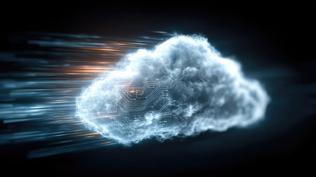 An abstract image depicts a luminous cloud shape with streaks of light on a dark backdrop. The composition features a central, detailed cloud form illuminated with blue and white hues, suggesting a digital environment. The visual style uses dynamic lines, implying movement and technological processes. This image is suitable for various commercial uses related to technology.の素材