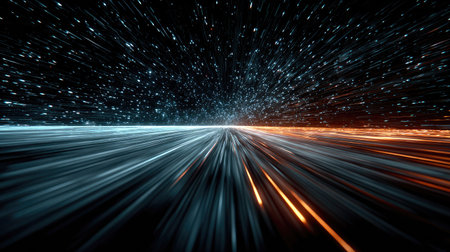 An artistic representation shows streams of light moving rapidly across a dark background, divided into blue and orange sections. The composition uses a perspective view to emphasize speed and motion, creating a sense of energy. This visual style could be used for various projects including tech, science and design.の素材