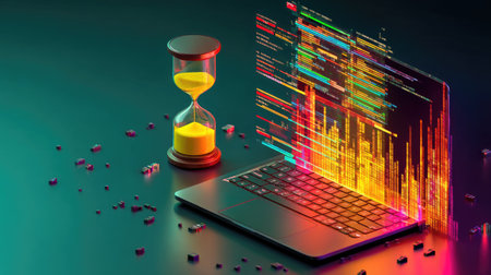 This image features a laptop with an adjacent hourglass and a data visualization emanating from the screen. The scene is illuminated by vibrant neon colors, with a gradient background. The composition employs a dynamic perspective, suitable for illustrating concepts related to time, technology, and data processing in various commercial applications.の素材
