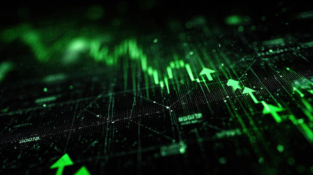 An abstract digital illustration showcases a green financial chart with ascending arrows and data points. The image features a dark background, highlighting the bright green elements, creating a sense of growth and progress. Suitable for various business and financial contexts, it offers visual appeal for commercial applications.の素材