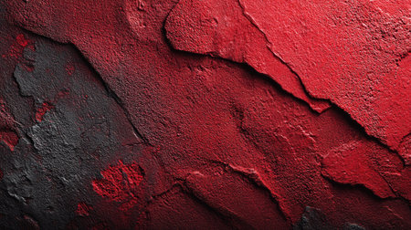 This image features a close-up of a textured surface, showcasing a blend of red and black tones. The composition reveals a rocky, layered appearance with rough edges. It utilizes dramatic lighting that creates shadows and highlights, emphasizing its tactile nature. Suitable for various design projects and editorial uses.の素材