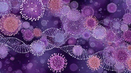 An artistic illustration features multiple virus structures in various colors, alongside genetic helix strands. The image exhibits a soft, diffused lighting effect with a focus on details and textures. Suitable for scientific visualizations, educational content, or medical research purposes, the image offers versatility for diverse editorial and commercial projects.の素材