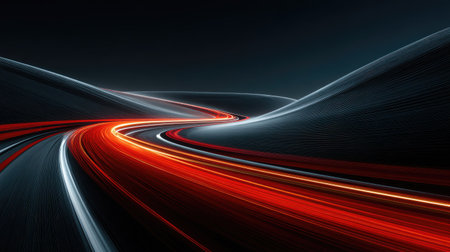 An abstract image showcases streaks of red light against a dark background, evoking speed and movement. The composition features curved lines, creating a sense of depth and dynamism. This image may be suitable for illustrating concepts of technology, transportation, or energy-related themes and used for various commercial purposes.の素材