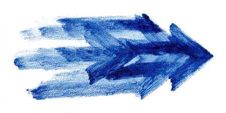 An abstract arrow, painted in shades of blue, appears to be moving forward on a clean white background. The composition employs a brushstroke style, with visible texture. This visual element is suitable for concepts related to direction, progress, or signaling. It could be used in various commercial or editorial contexts.の素材