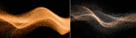 This image features two sections each depicting an abstract wave composed of countless tiny particles. The waves are illuminated, presenting a dynamic contrast against the dark background. It conveys a sense of motion and energy, suitable for diverse applications. The style lends itself well to graphic design or artistic visuals.の素材