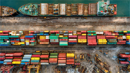 An overhead perspective showcases cargo ships docked alongside a pier filled with stacks of shipping containers. The containers display a variety of bright colors. The scene implies global commerce and logistics, suitable for various business and commercial applications.の素材