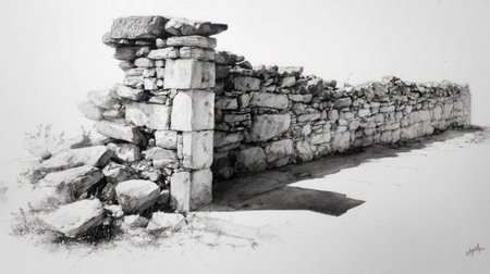 This black and white illustration depicts a section of a weathered stone wall. The composition highlights the rough texture of the stones and the architectural details. Harsh lighting casts dramatic shadows, enhancing the old, eroded appearance. Suitable for design projects and historical themes.の素材