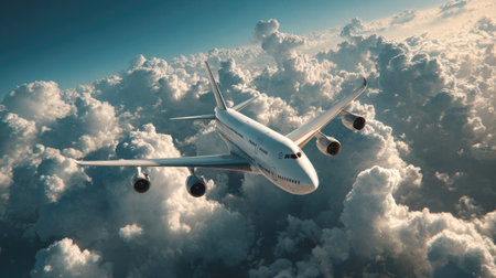 An airplane is seen in flight amidst fluffy, white clouds against a blue sky. The aircraft exhibits a sleek, modern design. The composition features overhead perspective, with vibrant colors and natural lighting. This image is suitable for various commercial uses, including travel, transportation, and aviation themes.の素材