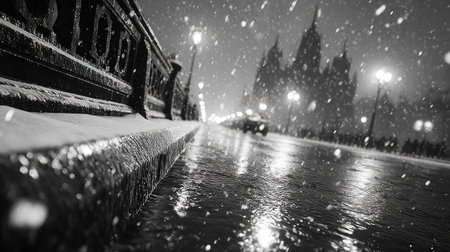 A grayscale photograph captures a snow-covered scene featuring a wet road and architectural elements. Falling snow creates a blurred effect, while streetlights illuminate the environment. The image uses a low-angle perspective, potentially suitable for commercial and editorial purposes.の素材
