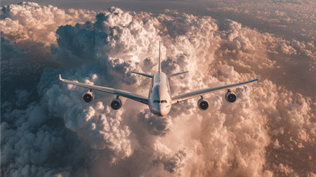 An airplane soars through a sea of clouds, captured from an aerial perspective. The aircraft is centered, displaying its wings and engines. The image features a warm color palette with shades of orange and brown, evoking a sense of adventure. Suitable for travel or commercial uses.の素材