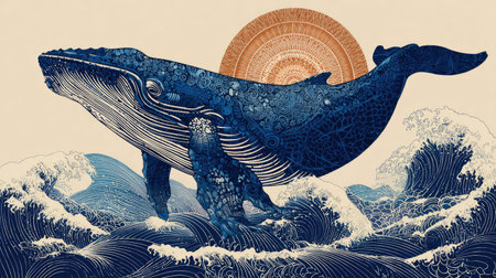 An illustration presents a large whale emerging from stylized ocean waves under a radiant sun. The image features a blend of blue and tan hues, employing detailed linework and a textured appearance. This composition may be suitable for editorial content, decorative designs, or various commercial applications.の素材