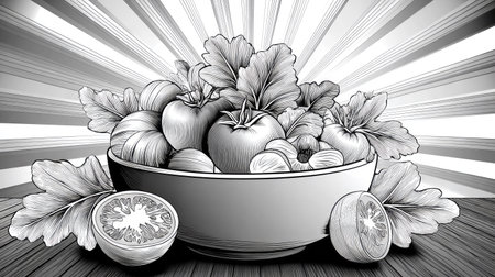 A grayscale illustration presents an assortment of fruits, including tomatoes and kiwi slices, arranged in a bowl. The artwork uses shading to define forms and textures. A radial burst design is used as a backdrop, suggesting overhead lighting. Suitable for a range of uses, this image could serve commercial and editorial purposes.の素材