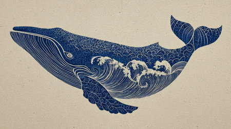This illustration showcases a majestic blue whale gracefully navigating ocean waves. The artwork employs a textured style with shades of blue against a neutral background. The composition suggests an underwater environment, potentially suited for various design projects, decorative purposes, or editorial content.の素材