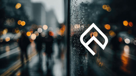 An abstract logo is displayed on glass with a wet surface, reflecting lights and pedestrians. The composition shows a blurred cityscape with elements of rain and overcast lighting. Ideal for design projects, marketing materials, and conceptual imagery with commercial applications.の素材