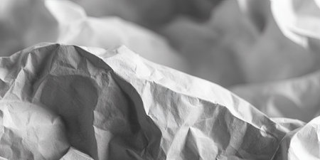 This image presents a close-up of textured, crumpled paper. The monochrome palette accentuates the light and shadow interplay, creating depth and visual interest. Suitable for various design projects, including backgrounds, textures, and illustrating concepts of change or waste, the image has potential commercial applications.の素材