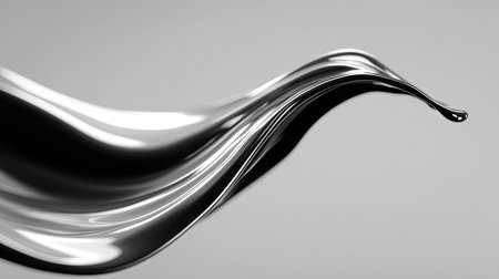 An elegant, dynamic silver fluid undulates against a neutral gray backdrop. The high-contrast composition emphasizes texture and movement, highlighted by the glossy surface and the play of light. This artwork can be utilized for various commercial purposes, including design elements, advertising, and editorial content.の素材