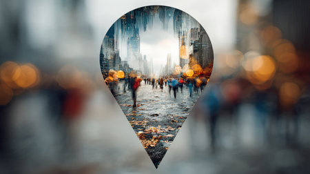 An abstract map pin graphic overlays a blurred cityscape featuring individuals. The composition utilizes a shallow depth of field, with soft focus and bokeh effects. Predominantly warm colors contrast with cooler tones, suggesting a dynamic urban environment. Suitable for travel, navigation, and conceptual design projects.の素材