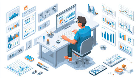 An illustration depicts a person working at a desk surrounded by various data visualizations and charts. The scene is brightly lit with a clean, modern aesthetic. The composition showcases the subject with a variety of digital displays suggesting analytical work. This image is suitable for business or technology-related publications.の素材