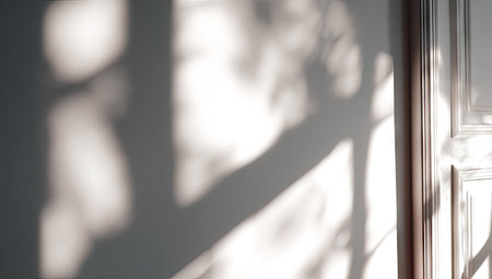 The image features an abstract composition of shadows cast on a white wall. The visual characteristics include high contrast, with deep shadows and bright highlights. The composition suggests an indoor setting with natural sunlight creating the patterns. This image can be used for various commercial and editorial applications.の素材