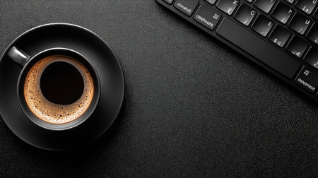A top-down composition presents a black cup of coffee on a matching saucer and a computer keyboard on a dark surface. The image exhibits a high-contrast style with rich blacks and a focus on detail. It can be used for various commercial or editorial applications such as website backgrounds or print media.の素材