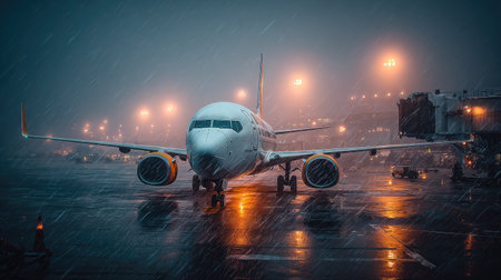 An airplane is parked at an airport terminal under rainy conditions. The image showcases the aircraft's body and wings, with visible lights in the backdrop. The scene evokes a sense of travel, with potential applications for advertising, editorial, or commercial purposes. The overall composition shows a blend of colors and highlights.の素材