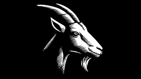 This black and white illustration showcases the profile of a goat's head. Detailed lines create texture against a solid black backdrop. The artwork employs a minimalist style, possibly suitable for logos, graphic designs, or educational projects. It is likely created for commercial applications such as stock photos or print media.の素材