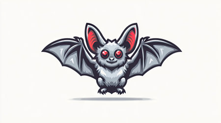 A cartoon bat is depicted with open wings against a blank background. It displays a simplistic illustration style with flat colors, soft shading, and a centered composition. The bat's expressive eyes and ear details add to the overall appeal. This image may be suitable for various design projects and commercial applications.の素材