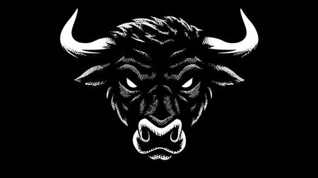 A striking illustration features a bull depicted in stark black and white. The artwork displays a strong head-on composition, showcasing detailed textures and a dramatic contrast. The image creates a bold statement, evoking strength and power, making it appropriate for diverse commercial and editorial applications.の素材