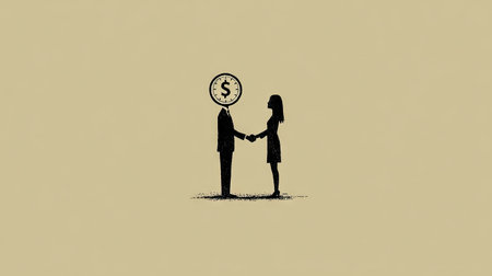 An illustration depicts a handshake between two figures, one with a dollar sign clock as a head. The simple style features black silhouettes against a beige background. The image suggests financial transactions and agreements, with potential use in business, finance, or concept-related publications.の素材