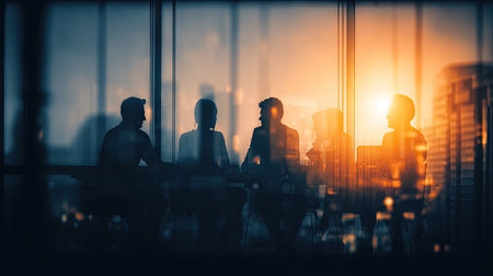 Four individuals are silhouetted against a vibrant sunset illuminating a modern office space. The composition emphasizes shadows and light with a focus on teamwork. The scene presents a visual narrative of collaboration. This image may be appropriate for business, marketing, or design applications.の素材