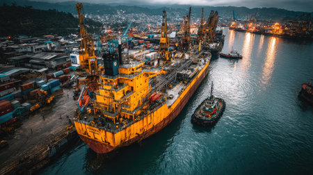 A large cargo ship is docked in a harbor, surrounded by cranes and containers. The scene is dominated by shades of yellow and blue, with soft lighting illuminating the scene. The composition suggests commercial activity and could be suitable for illustrations of trade and logistics.の素材