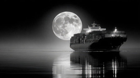 A container ship is depicted sailing across a dark body of water beneath a bright full moon. The image is rendered in grayscale, featuring contrasts between light and shadow. The composition hints at a night setting and a sense of vastness. Suitable for various commercial and editorial applications.の素材