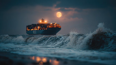 A large cargo ship sails on a turbulent ocean under the moonlight. The image captures the dark blue hues of the water and sky, with a bright full moon illuminating the scene. Waves crash as the vessel moves. Suitable for illustrating themes of travel, logistics, or global trade.の素材