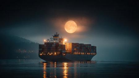 A large cargo ship is depicted sailing at night beneath a large, full moon, creating a dramatic and captivating visual. The scene showcases reflections on the water surface and illuminated structures. This image could be used for various commercial projects related to logistics, transportation, or atmospheric concepts.の素材